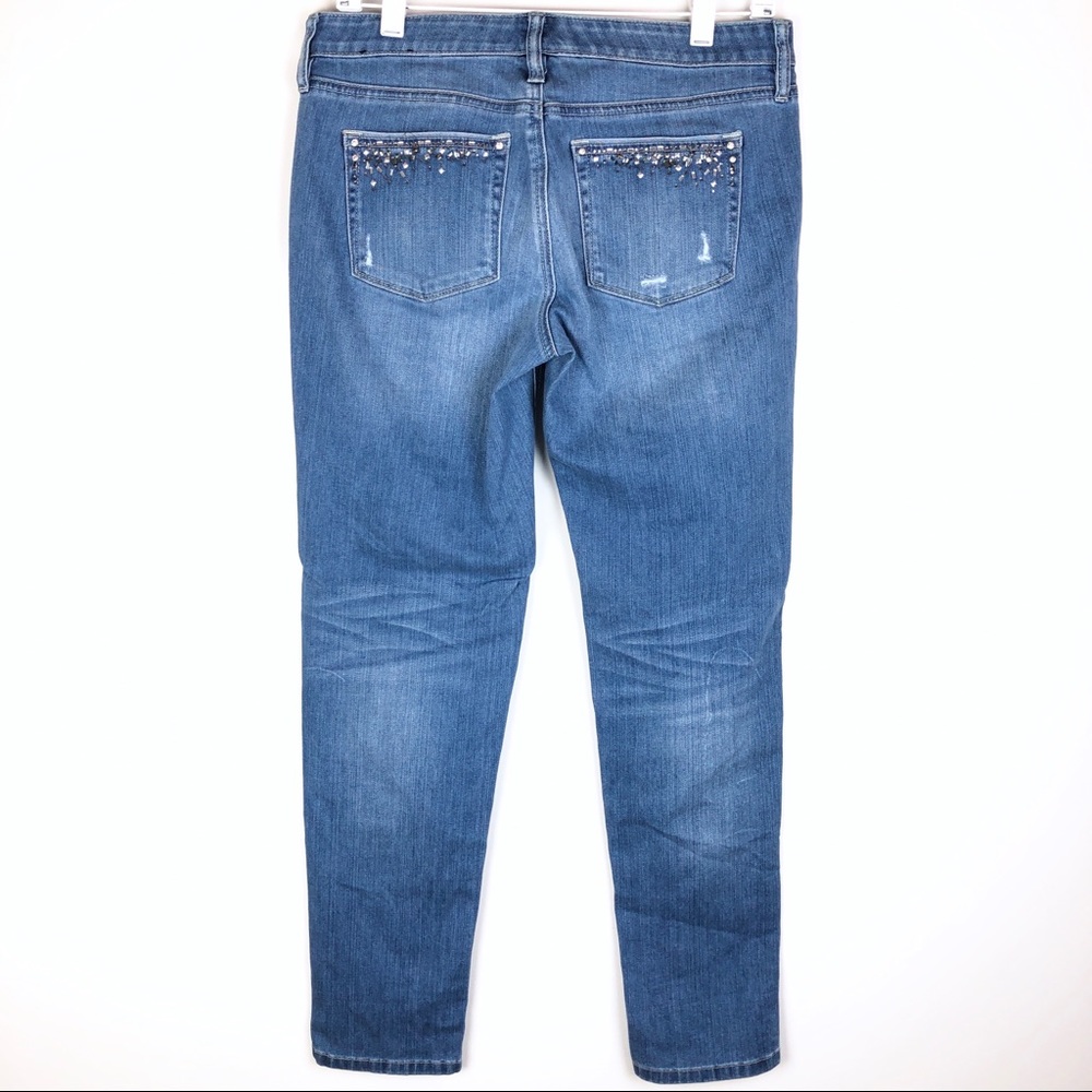 WHBM Distressed Rhinestone Pocket Skinny Jeans 2 - Picture 3 of 5